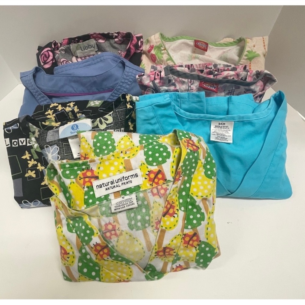 Lot of 7 Women Small Scrub Tops Dickies Healing Hands Natural Uniforms Small